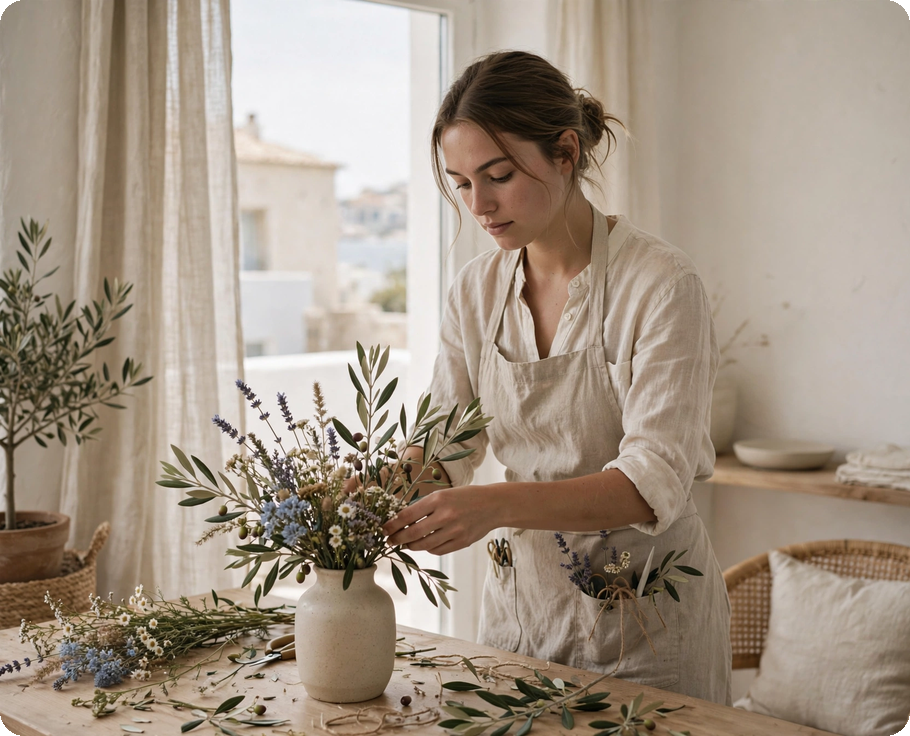 Florist arranging olive branches and wildflowers by an open window