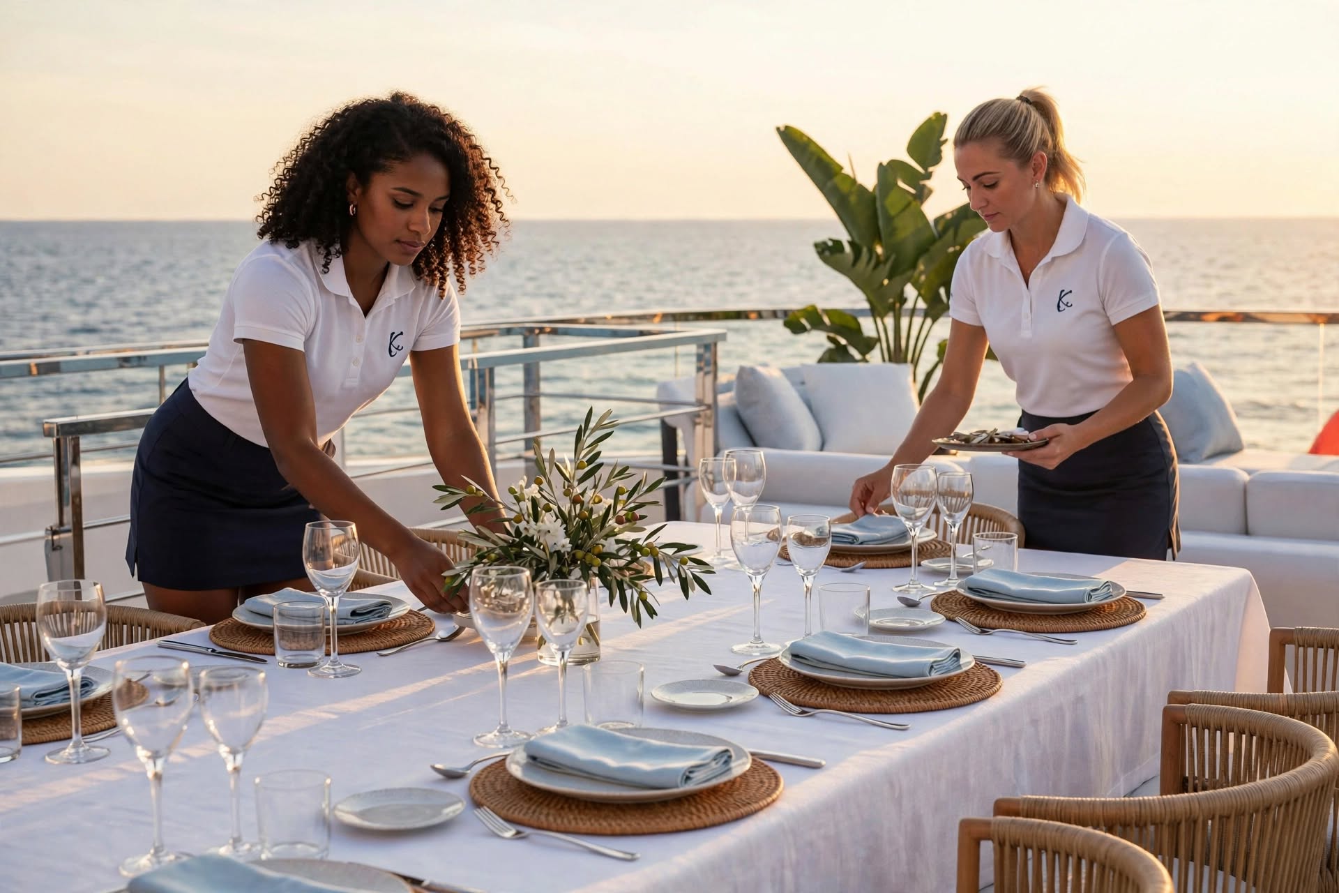 Yacht stewardesses setting a deck table at sunset Yacht stewardesses setting a deck table at sunset