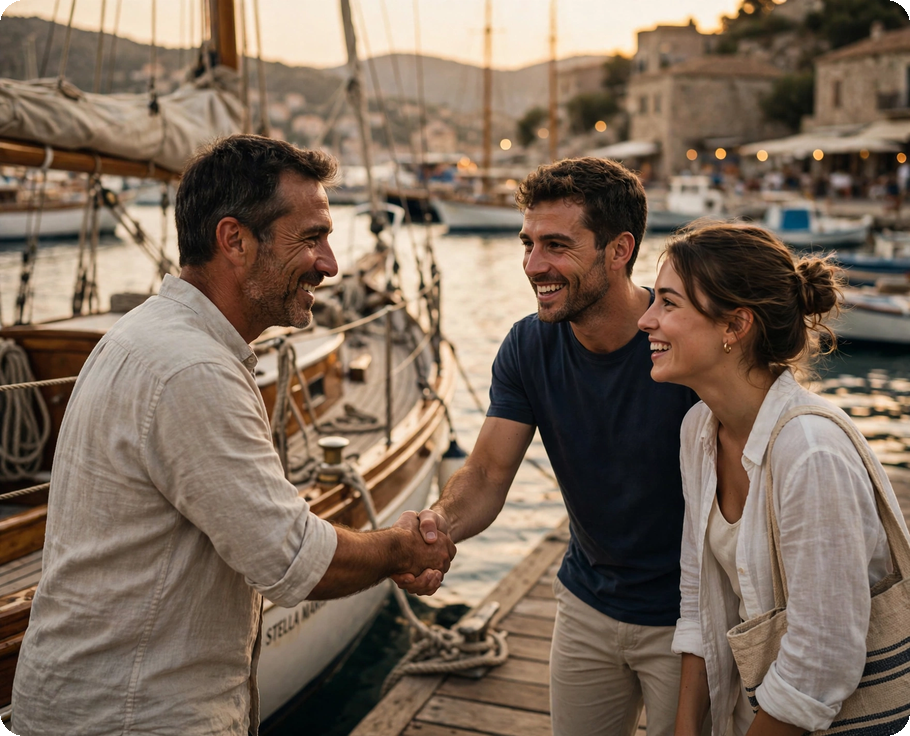 Host greeting two guests on a harbour pontoon at sunset