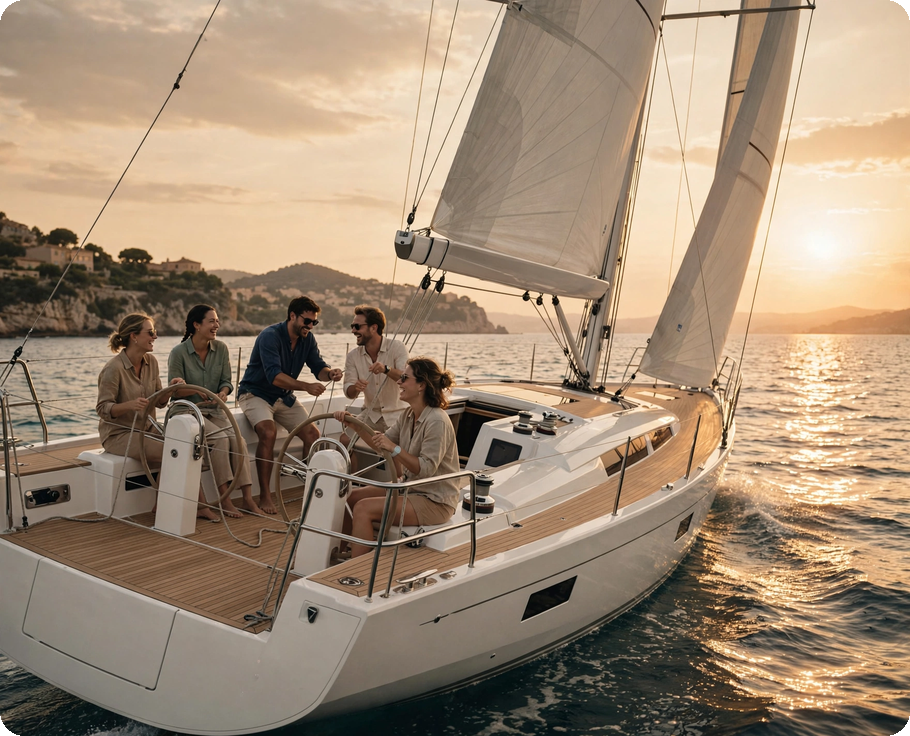 Crew sailing a yacht together at sunset