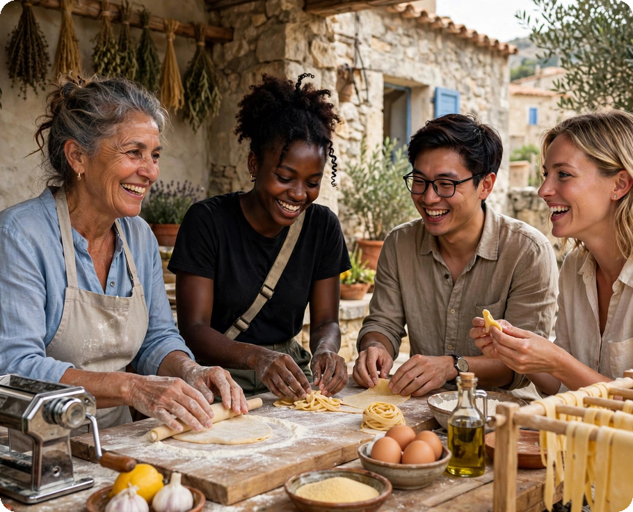 Small group making fresh pasta outdoors with a local host