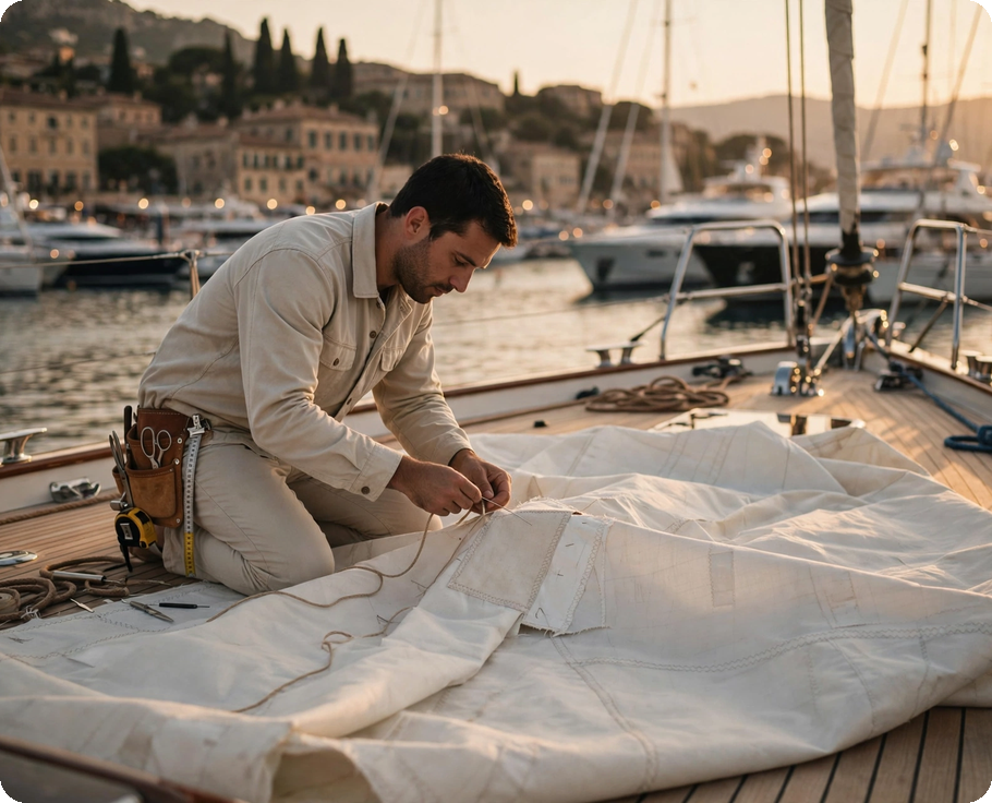 Sailmaker repairing a sail on deck in a harbour at sunset