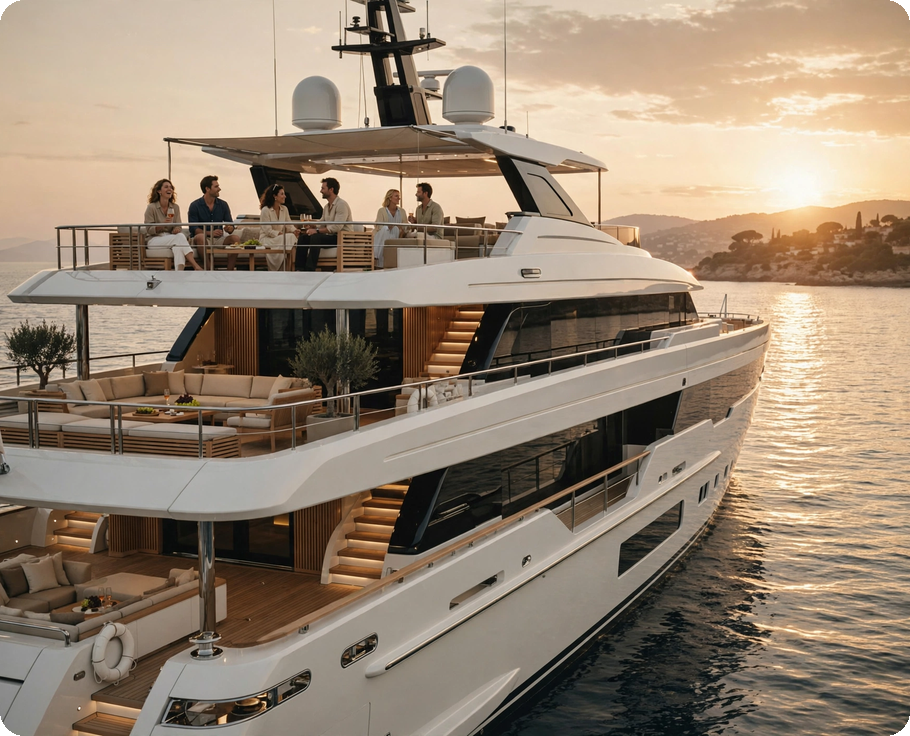 Guests dining on a superyacht deck at sunset